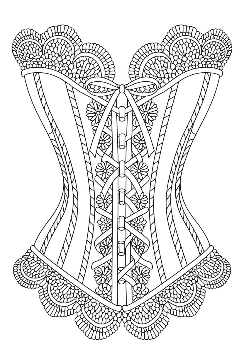 Gothic Coloring Pages for Adults: Top 20 Designs to Download as PDF and Png Files. 34 An intricate drawing of Victorian lace patterns combined with a detailed corset featuring ribbons and stitching.